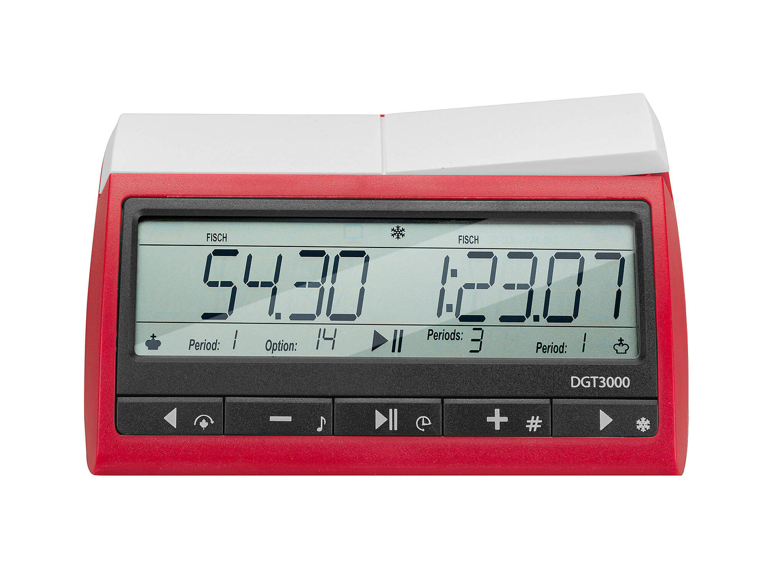 Top-down angled view of the DGT 3000 chess clock emphasizing the white rocker lever used for game play.