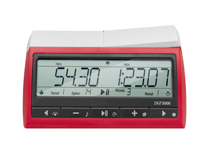 Top-down angled view of the DGT 3000 chess clock emphasizing the white rocker lever used for game play.