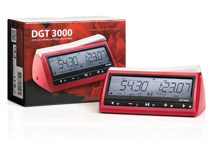 Red DGT 3000 digital chess clock displayed in front of its original retail packaging box.