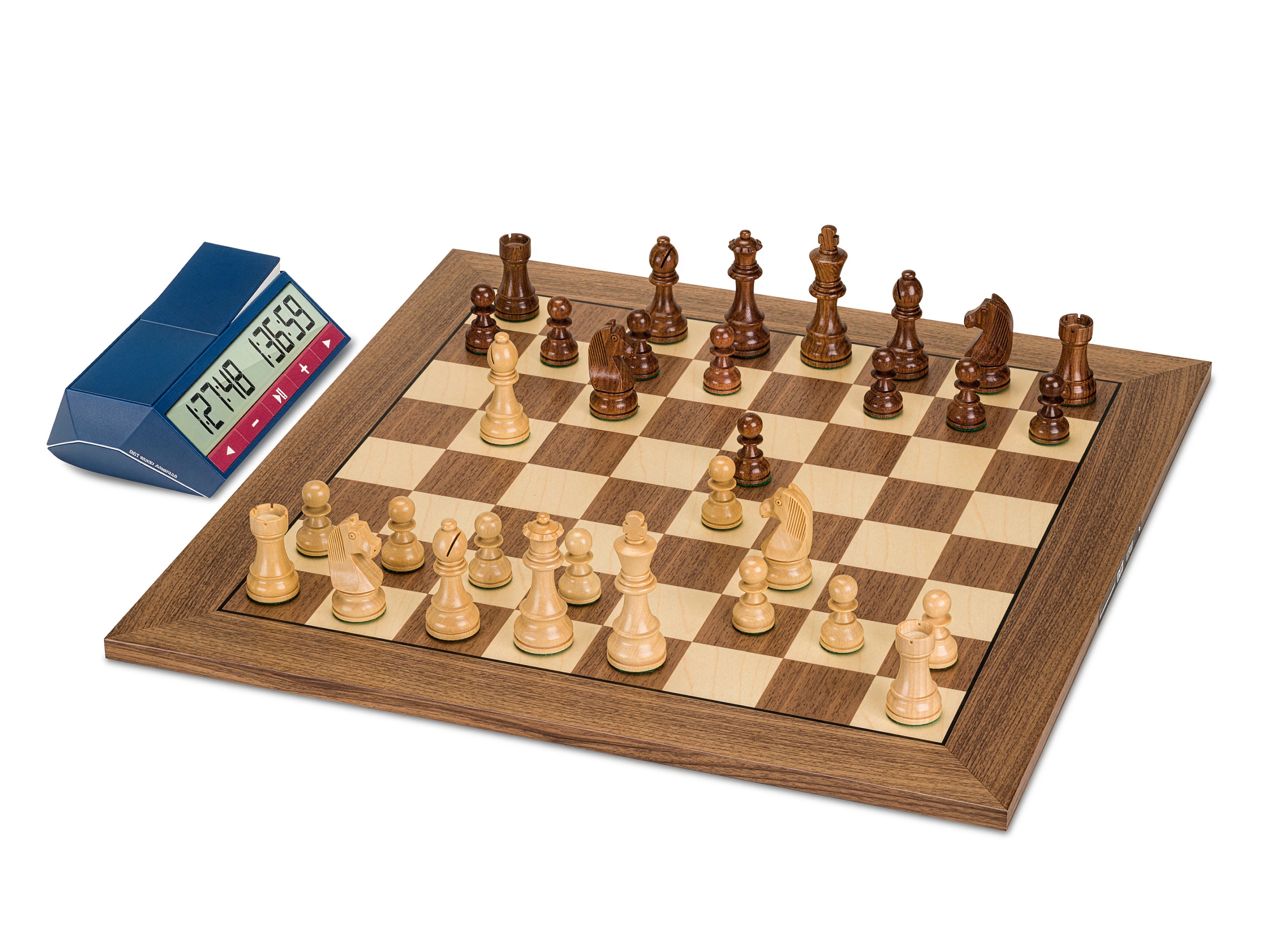 DGT North American 2024 Chess Clock with a Wooden chessboard and pieces on a white background