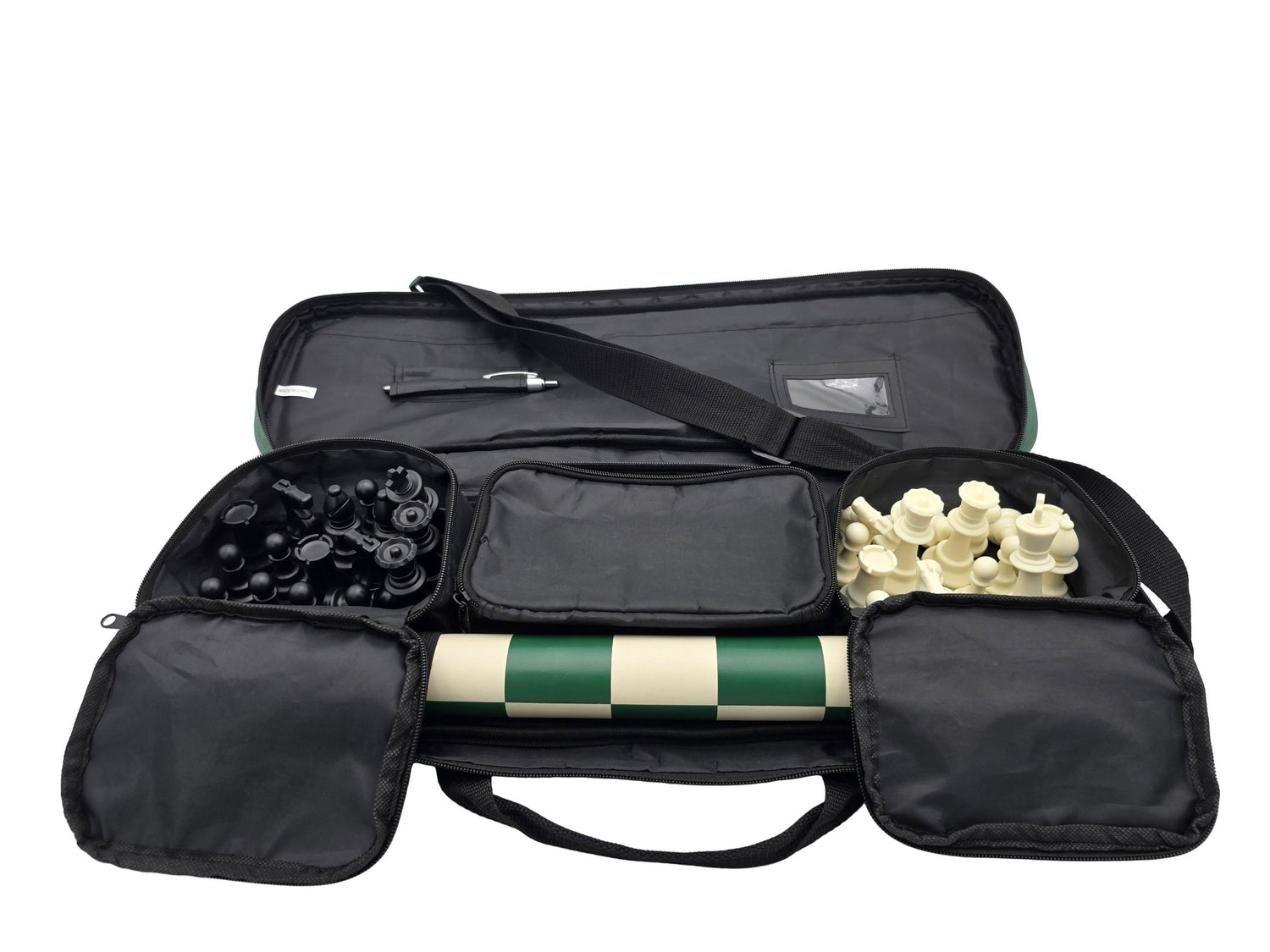 Deluxe Carrying bag with Chess Set and Rolled-Up Vinyl Chess Board (Open Flaps) in Lightbox