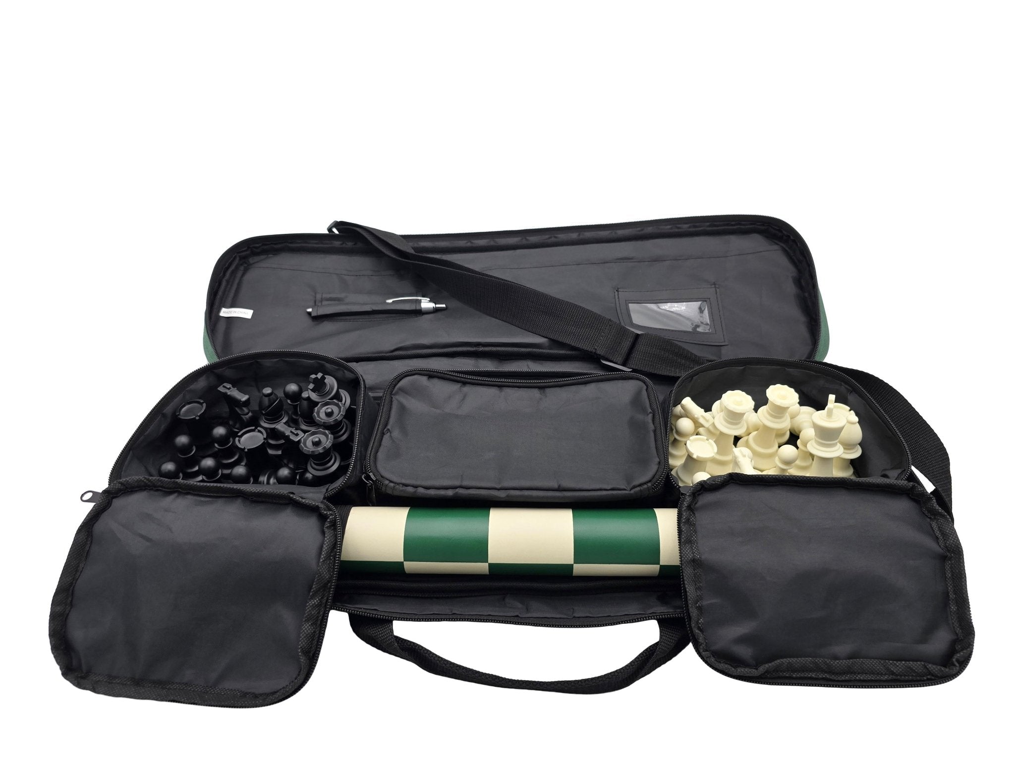Deluxe Carrying bag with Chess Set and Rolled-Up Vinyl Chess Board (Open Flaps) in Lightbox