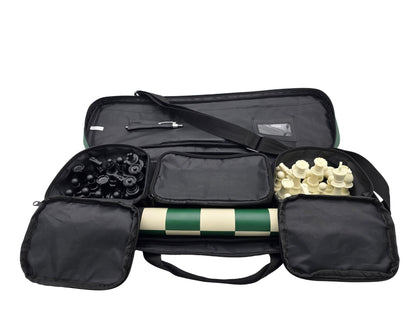 Deluxe Carrying bag with Chess Set and Rolled-Up Vinyl Chess Board (Open Flaps) in Lightbox