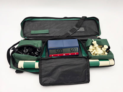 Chess Set with Vinyl Chess Board, Deluxe Bag, and DGT North American Chess Clock 2024 Combo in Lightbox Packed and Open