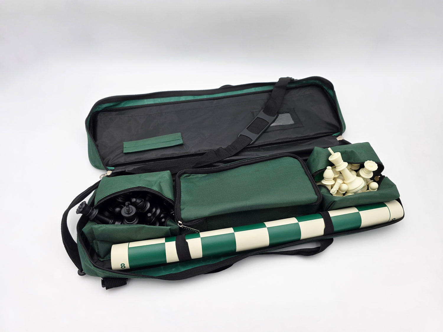 Deluxe Carrying bag with Chess Set and Rolled-Up Vinyl Chess Board (Open Zippers) in Lightbox