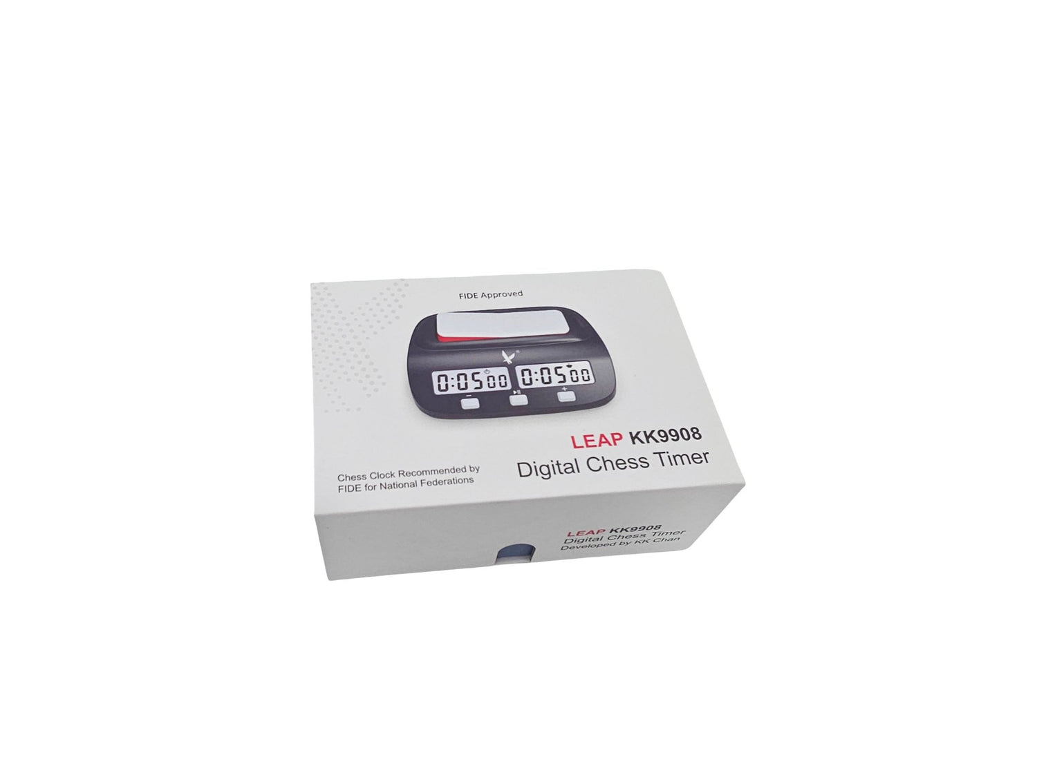 White retail packaging for the Leap KK9908 Digital Chess Timer, featuring a product photo and "FIDE Approved" certification text.