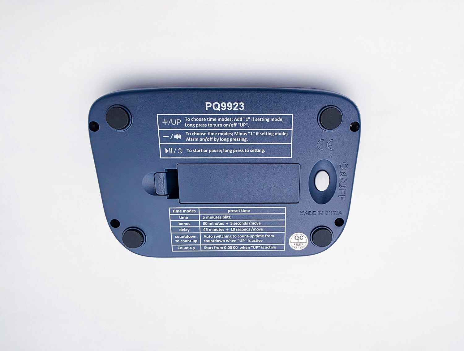 Leap PQ9923 Chess Clock in Lightbox (Bottom Shot Showing Game Modes).
