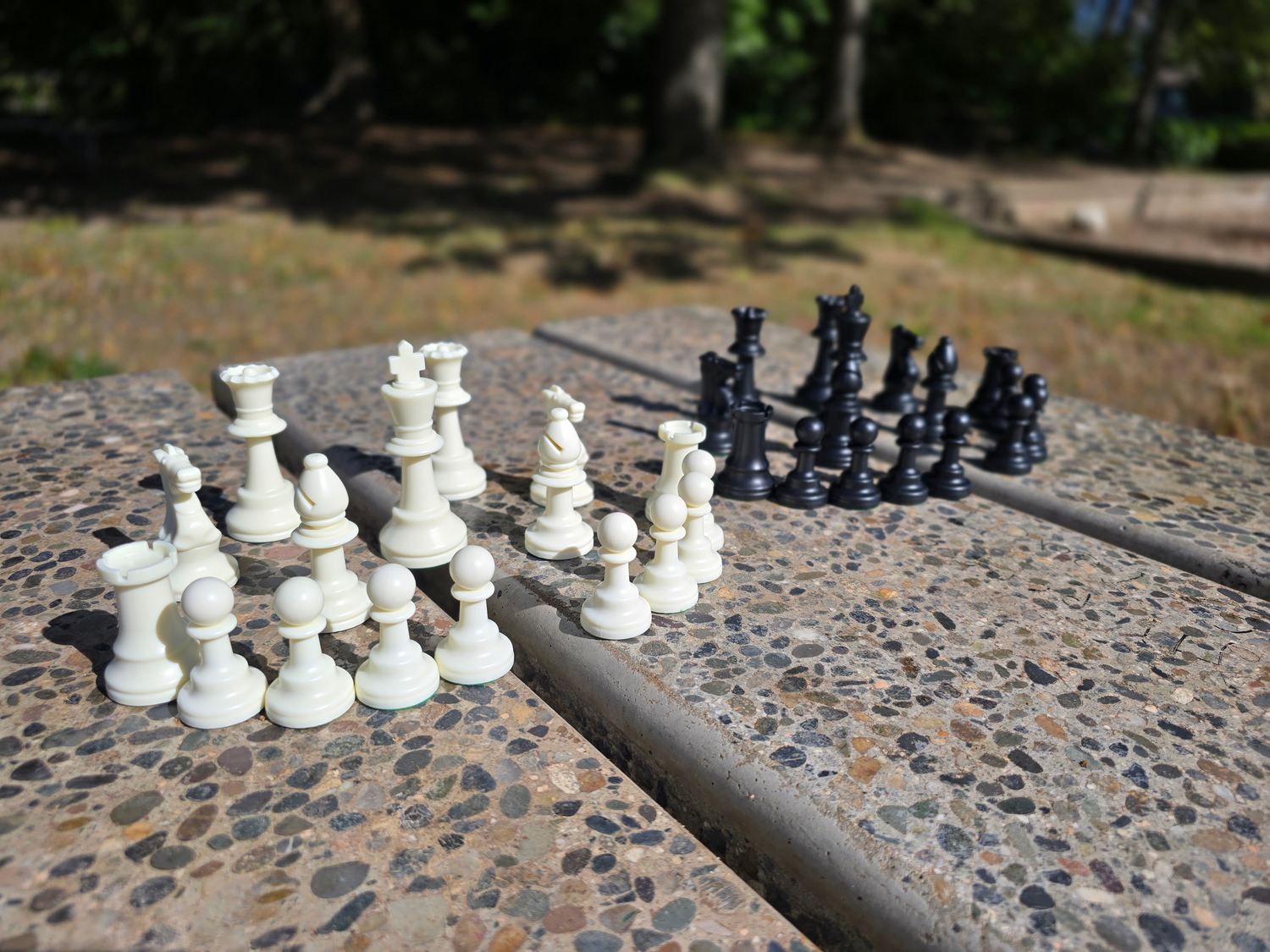 White and Black Chess Pieces in Battle Formation Arc on a Stone Bench