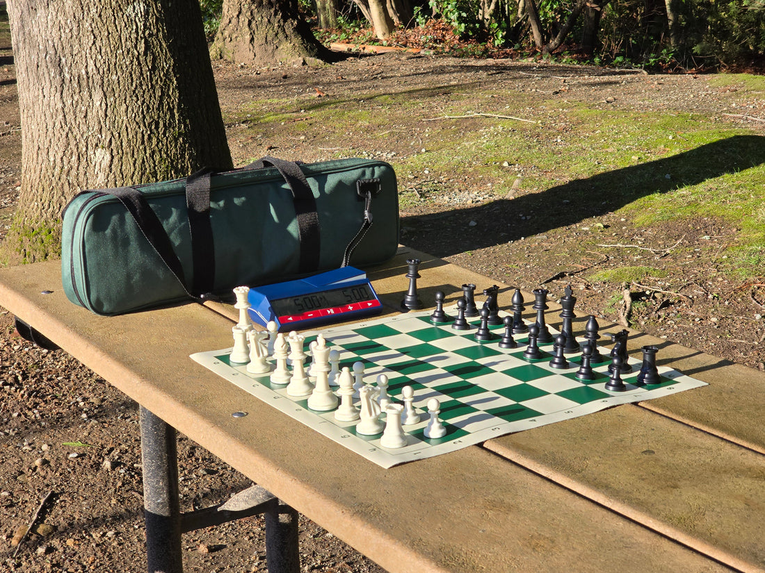 Tournament Chess Set with Vinyl Chess Board and Deluxe Bag and DGT North American Chess Clock 2024 Combo