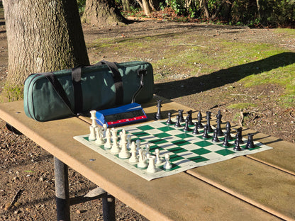 Tournament Chess Set with Vinyl Chess Board and Deluxe Bag and DGT North American Chess Clock 2024 Combo