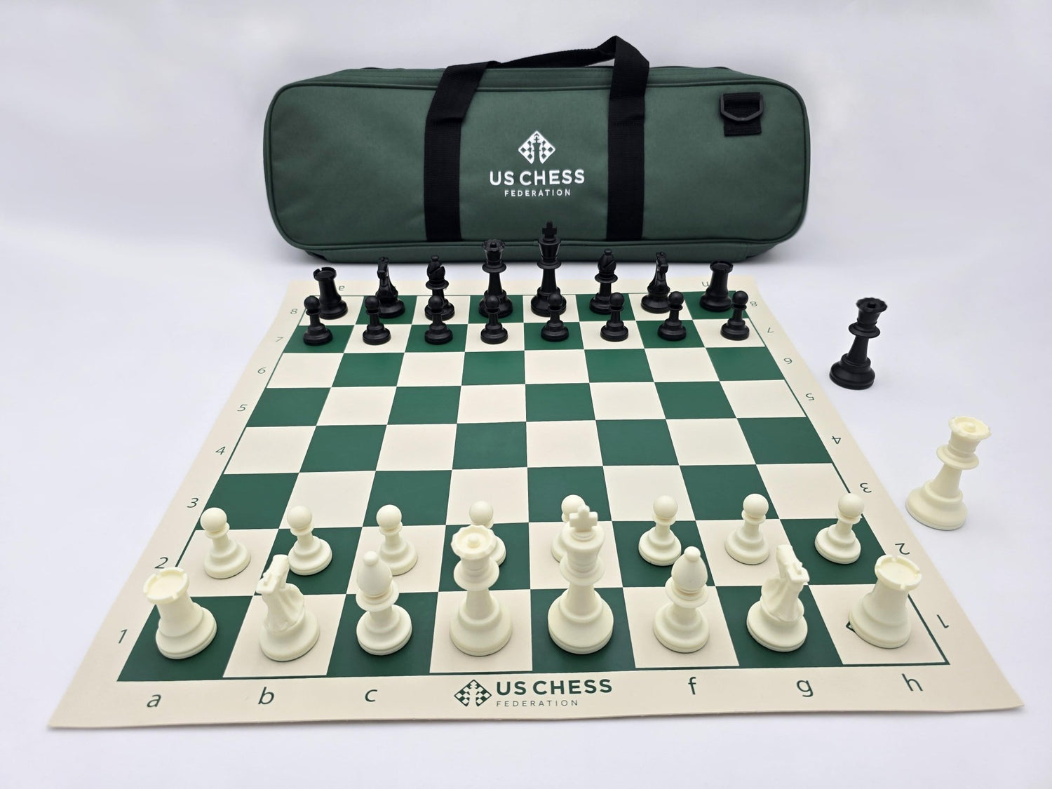 US Chess Federation Tournament Chess Set with USCF Vinyl Chess Board and Deluxe Carrying Bag in a Lightbox