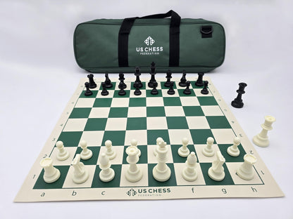 US Chess Federation Tournament Chess Set with USCF Vinyl Chess Board and Deluxe Carrying Bag in a Lightbox
