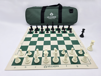 US Chess Federation Tournament Chess Set with USCF Vinyl Chess Board and Deluxe Carrying Bag in a Lightbox