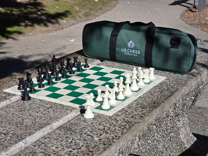US Chess Federation Tournament Chess Set with Vinyl Chess Board and USCF Deluxe Carrying Case on Stone Table