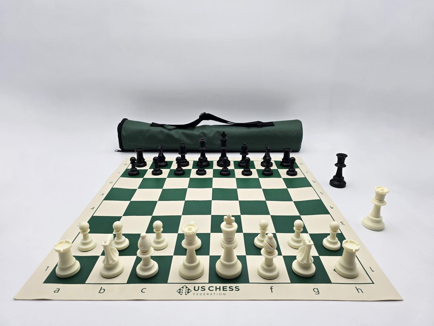 US Chess Federation Tournament Chess Set with Vinyl Chess Board and Quiver Carrying Case in Lightbox (Straight Shot from White&