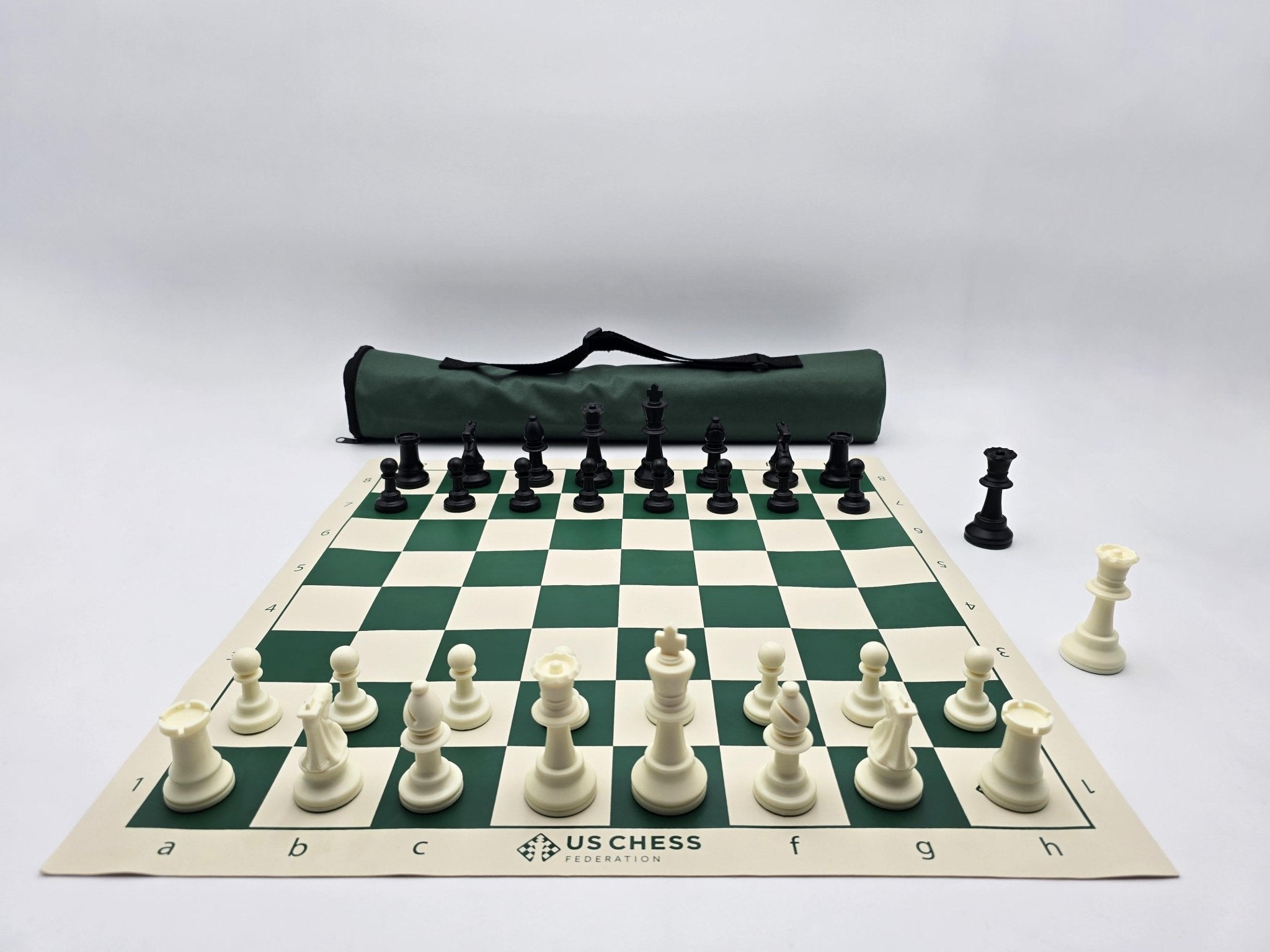 US Chess Federation Tournament Chess Set with Vinyl Chess Board and Quiver Carrying Case in Lightbox (Straight Shot from White&