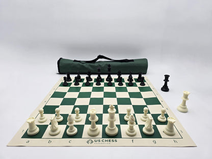 US Chess Federation Tournament Chess Set with Vinyl Chess Board and Quiver Carrying Case in Lightbox (Straight Shot from White&