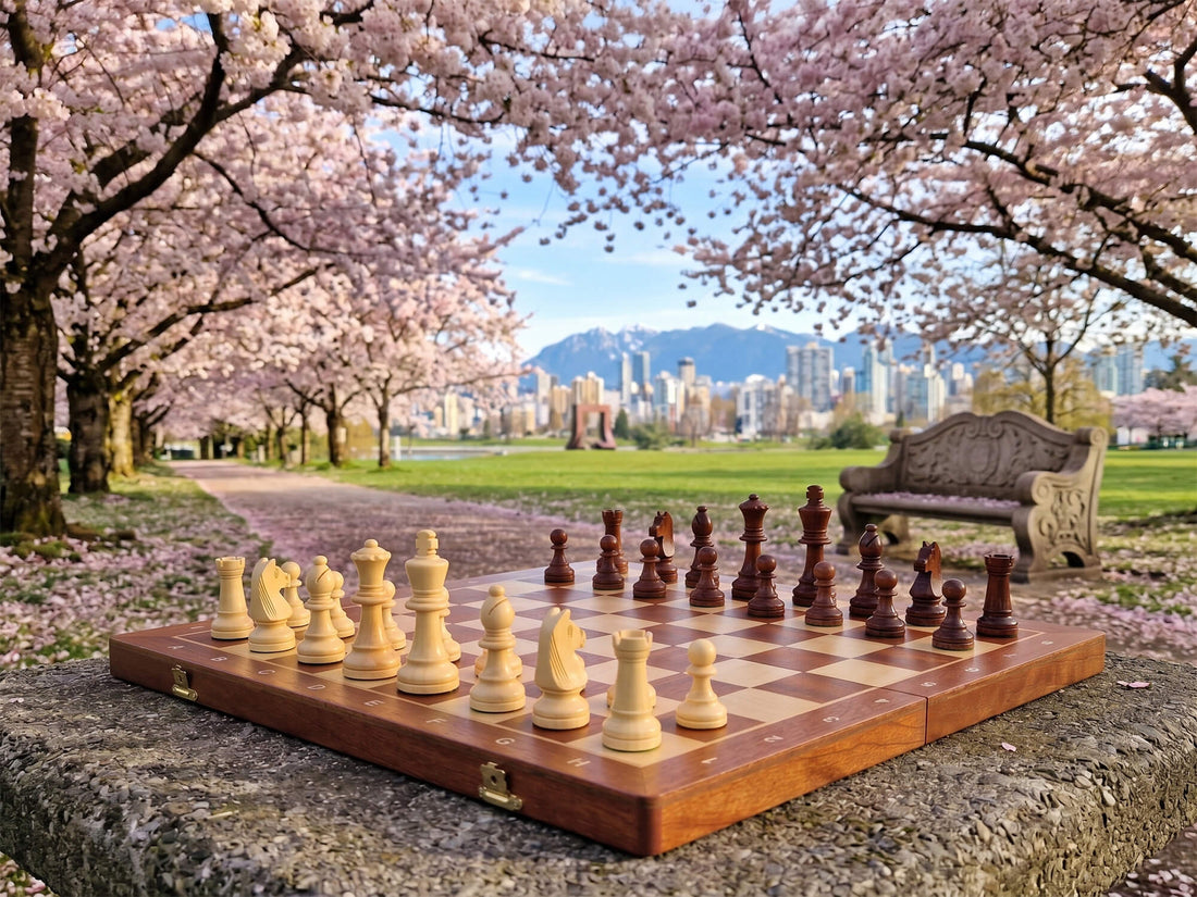 Aristocrat folding wooden chess board and pieces set up outdoors in a beautiful park framed by blooming pink cherry blossom trees.