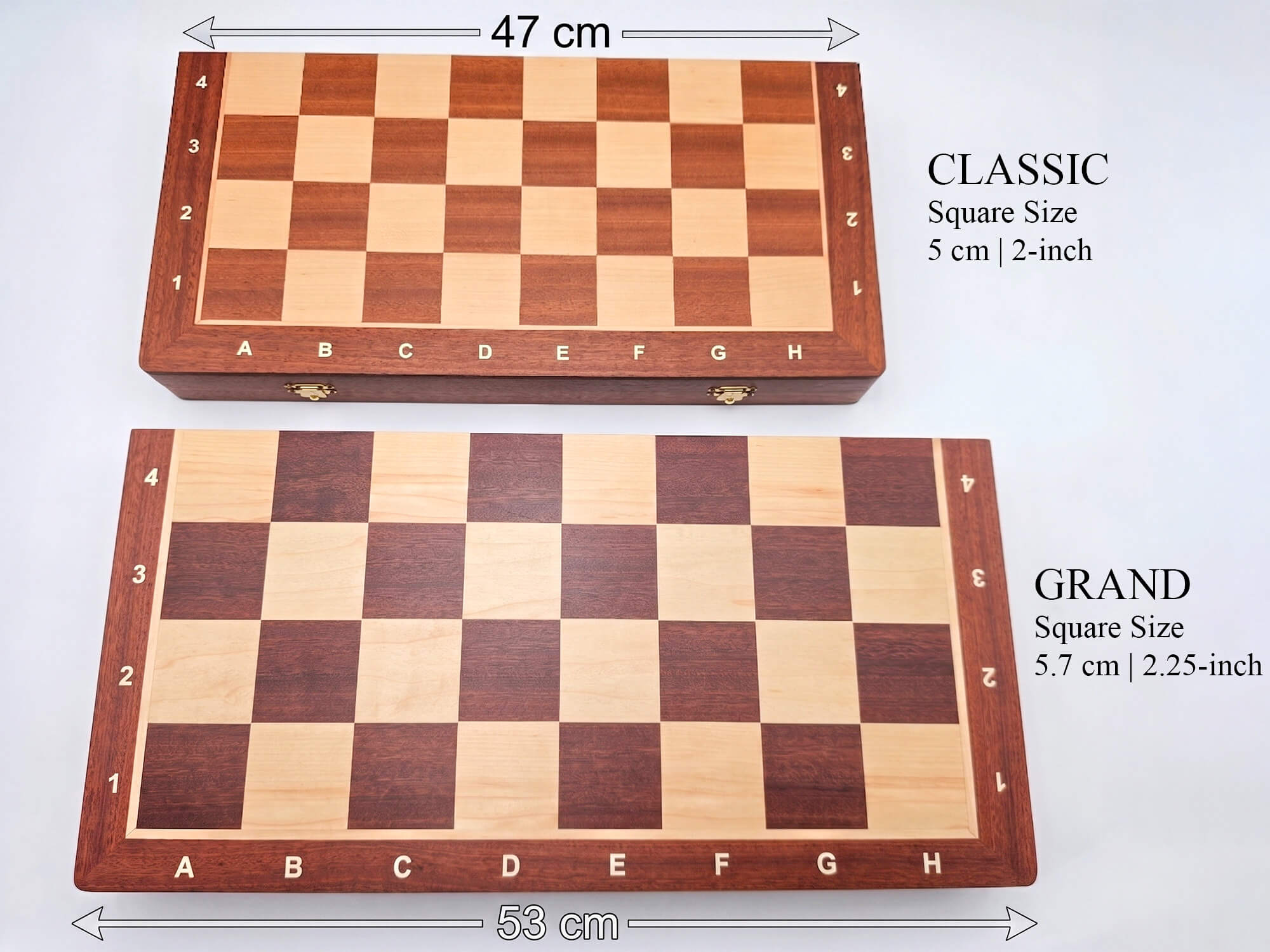 Size comparison chart showing the dimensions and square size difference between the Classic and Grand models of the Aristocrat folding wooden chess board.
