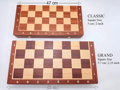 Size comparison chart showing the dimensions and square size difference between the Classic and Grand models of the Aristocrat folding wooden chess board.