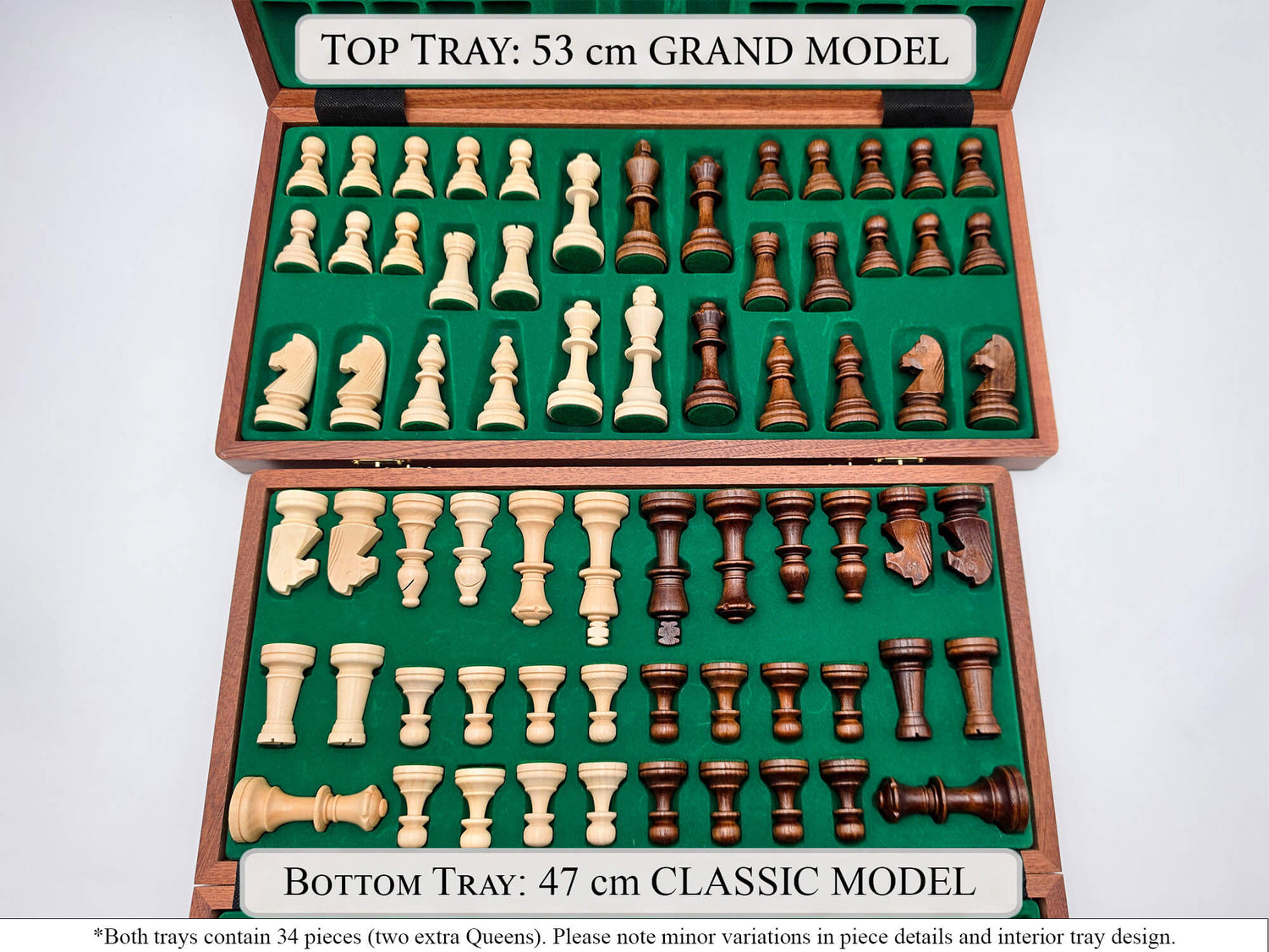 Comparison view of the green felted interiors and storage capacities for two different sizes of the folding wooden chess set.
