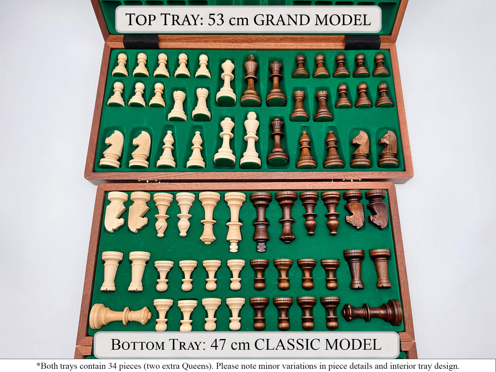 Comparison view of the green felted interiors and storage capacities for two different sizes of the folding wooden chess set.