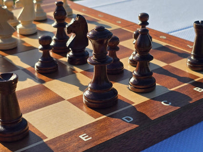 Detailed side-profile view of the dark wooden chess pieces lined up on the board.