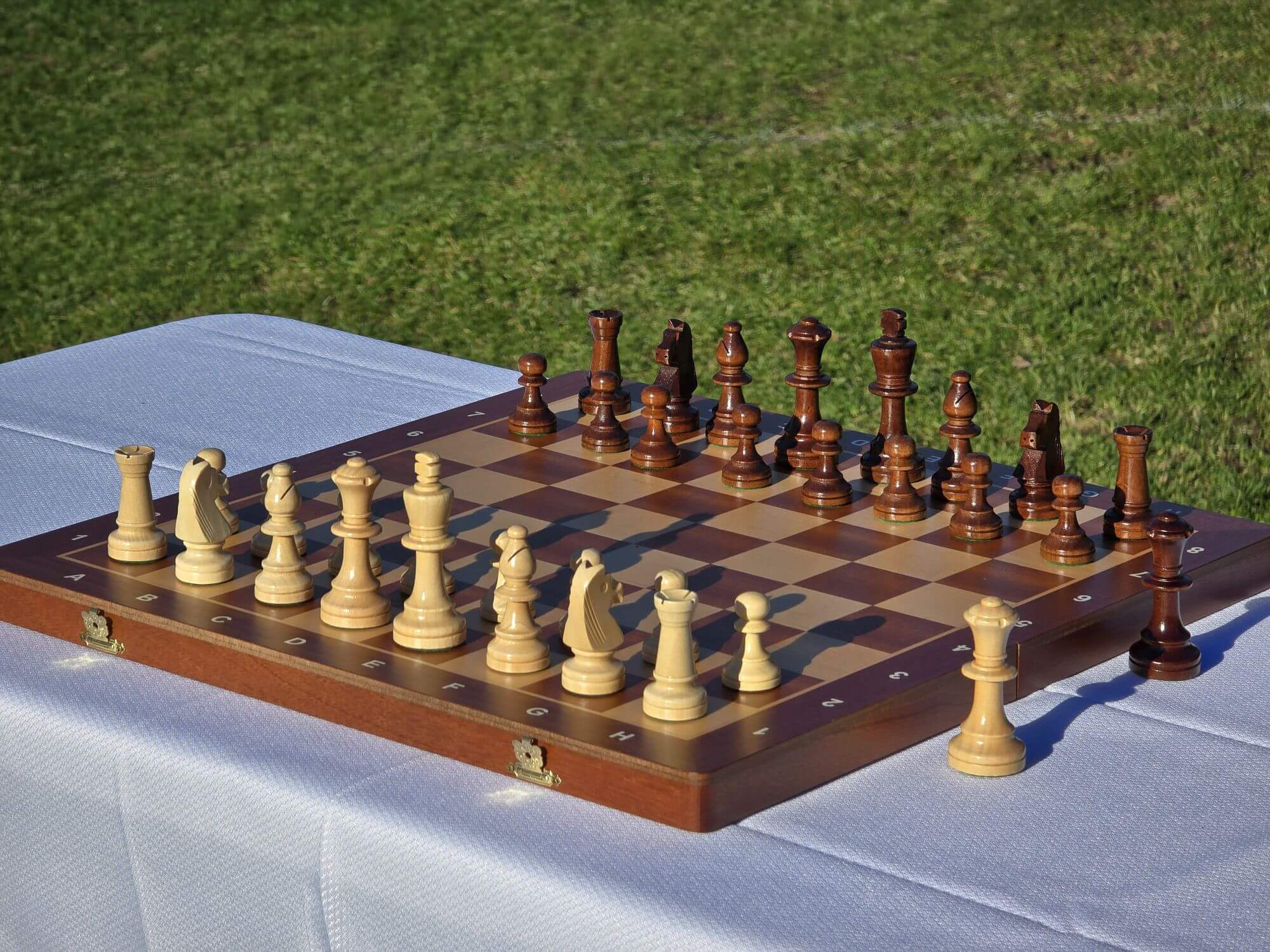 Low-angle side view of the light pieces lined up on the Aristocrat wooden chess board.