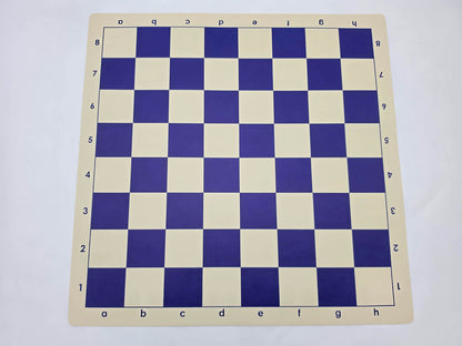 Roll-up blue and cream vinyl chess board with algebraic notation.