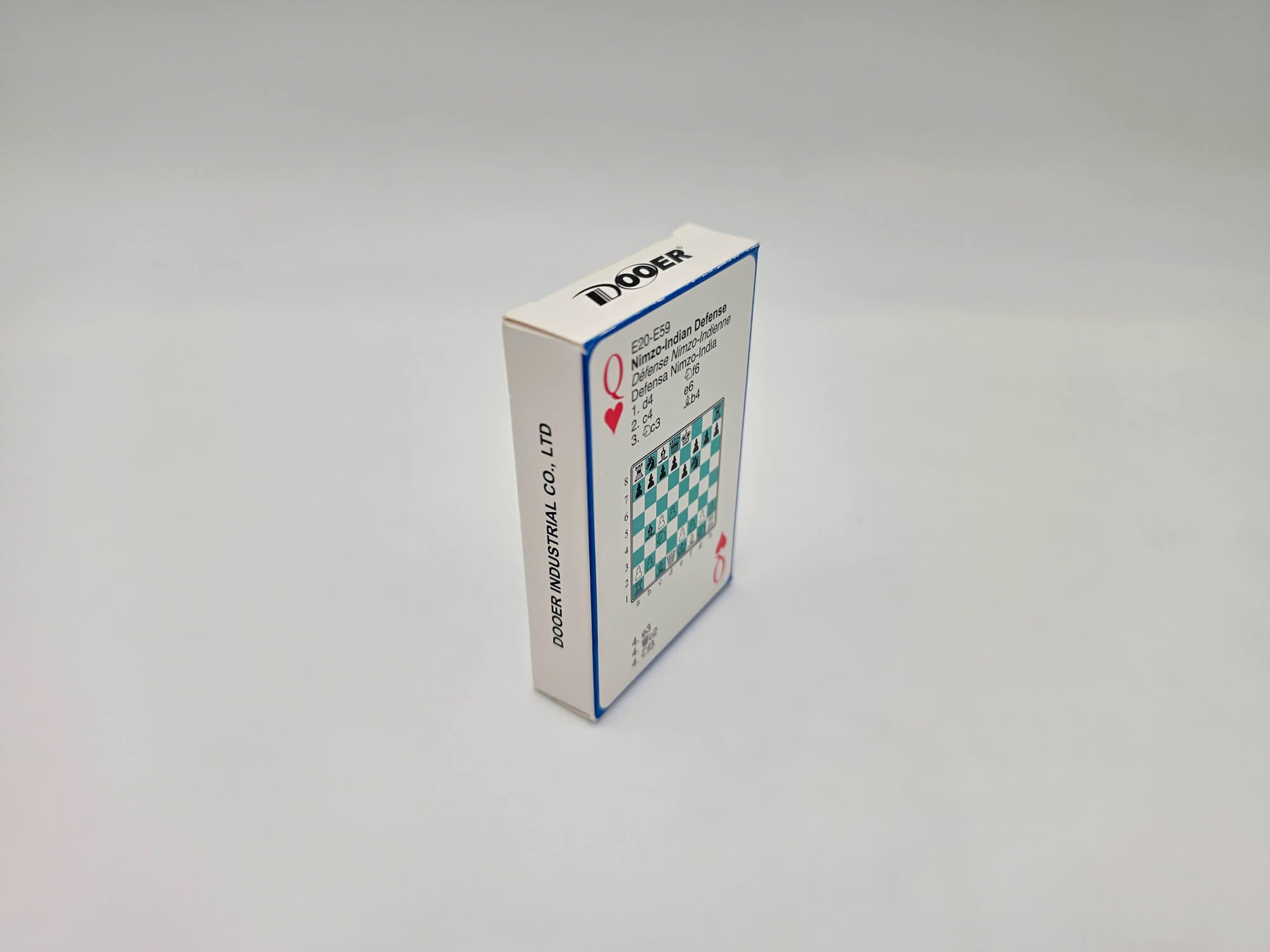 Side view of the chess opening cards tuck box displaying the Nimzo-Indian Defense card graphic