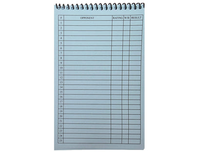 Inside tracking index page of a chess tournament scorebook with a printed table numbered 1 to 25 to easily log game results.