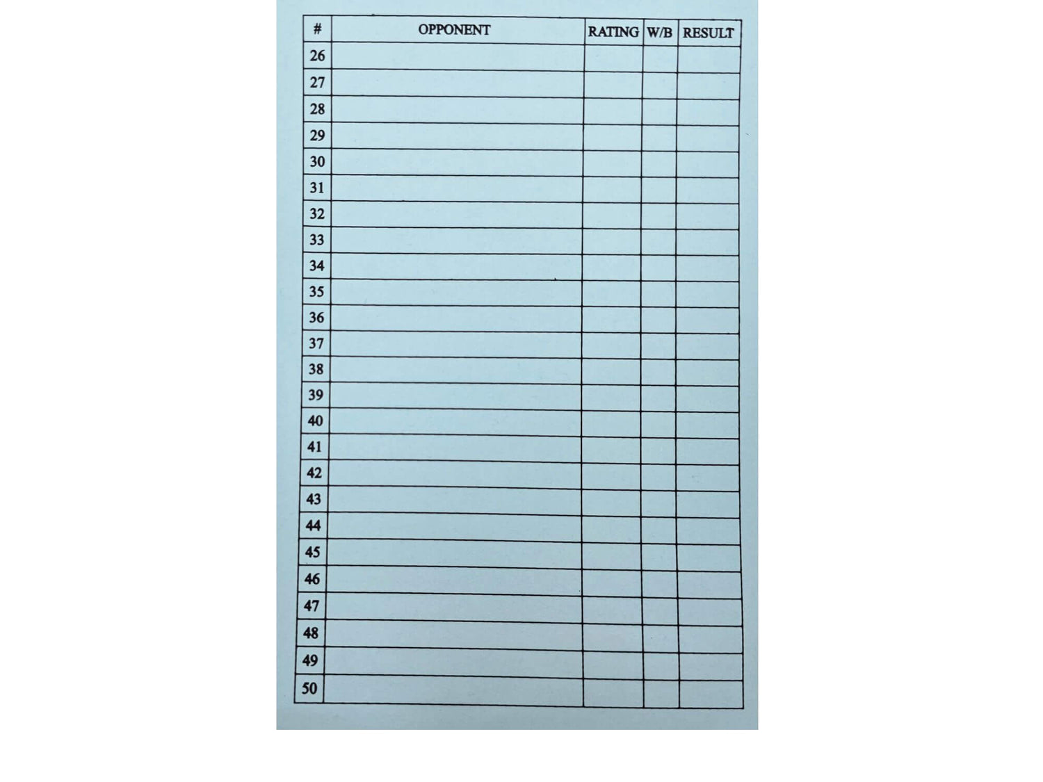 Inside back cover summary page of a chess scorebook featuring a printed table numbered 26 to 50 for keeping track of historical tournament results.