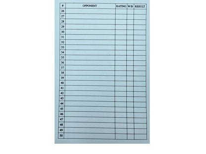 Inside back cover summary page of a chess scorebook featuring a printed table numbered 26 to 50 for keeping track of historical tournament results.