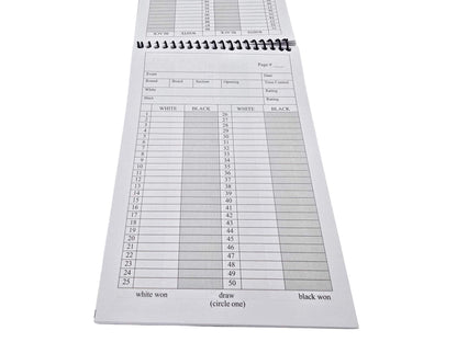 An open spiral-bound chess scorebook showing columns and lined grids formatted for recording notation for moves 1 through 50.