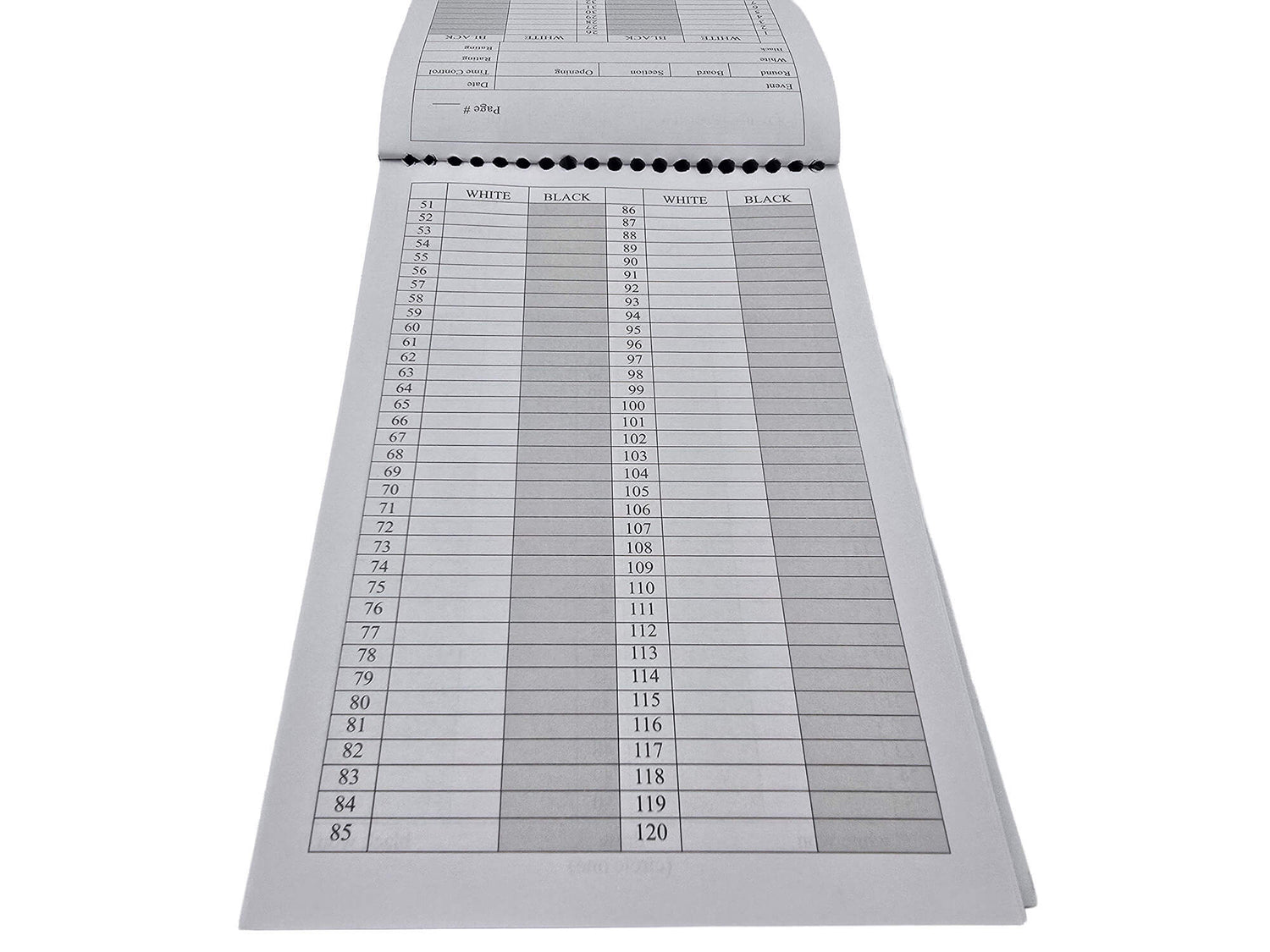Interior view of a chess scorebook showing an extended layout with lines to record long matches from move 51 up to move 120.