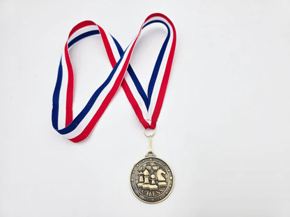 Close-up of the Classic Emblem gold medal attached to a high-quality twisted red, white, and blue striped lanyard.