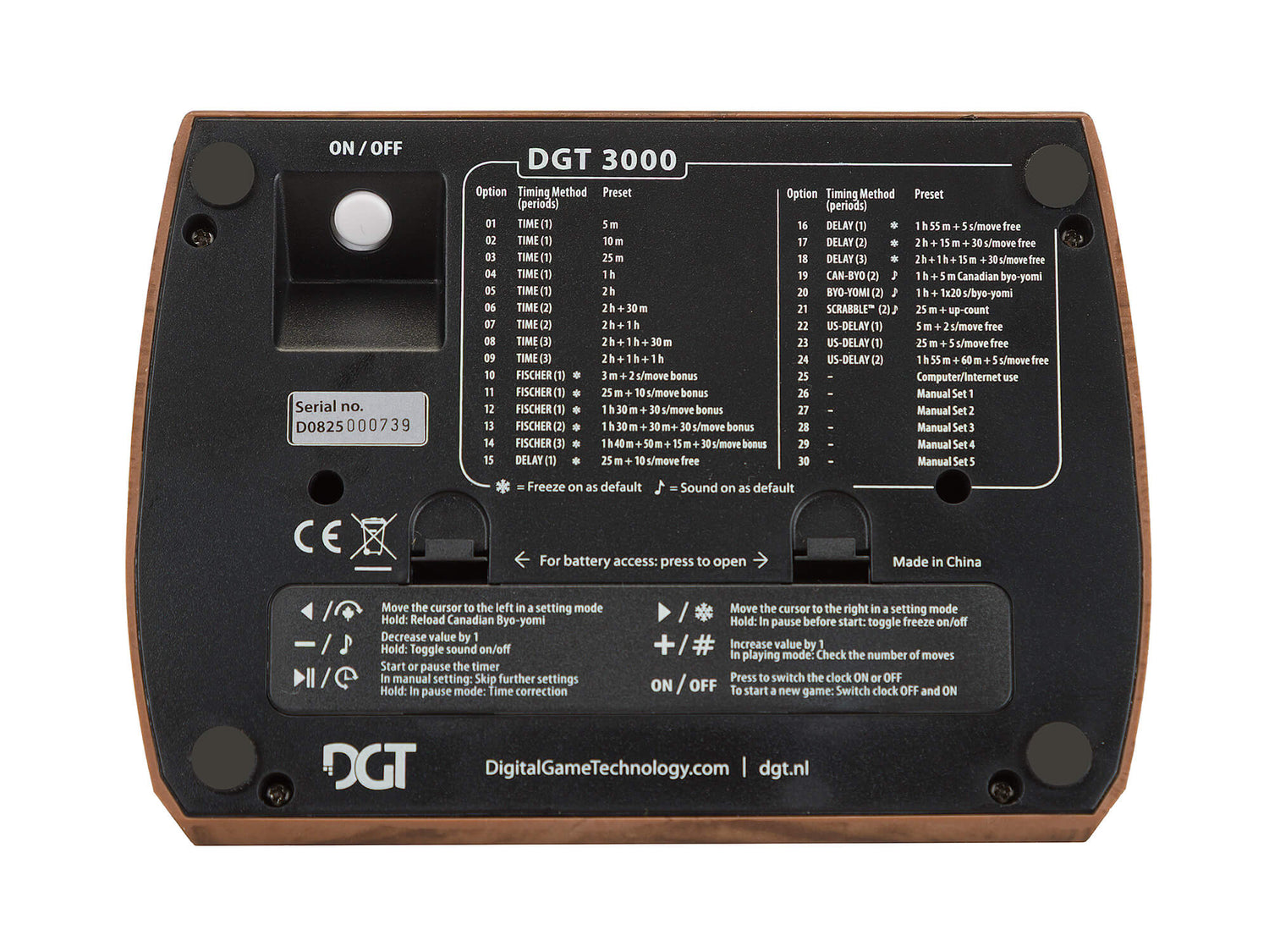 Underside of the DGT 3000 Limited Edition digital chess clock showing product specifications, battery compartment, and model details.