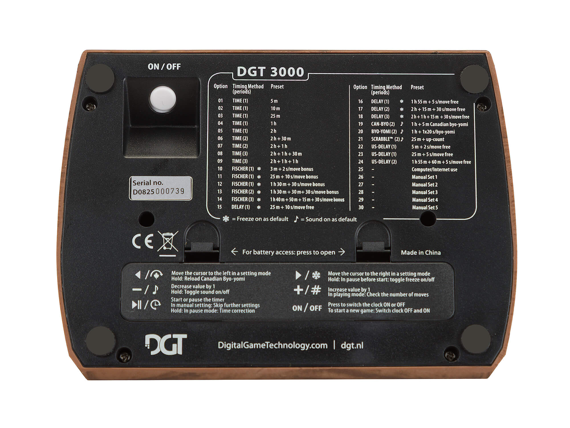 Underside of the DGT 3000 Limited Edition digital chess clock showing product specifications, battery compartment, and model details.