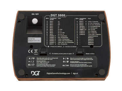 Underside of the DGT 3000 Limited Edition digital chess clock showing product specifications, battery compartment, and model details.