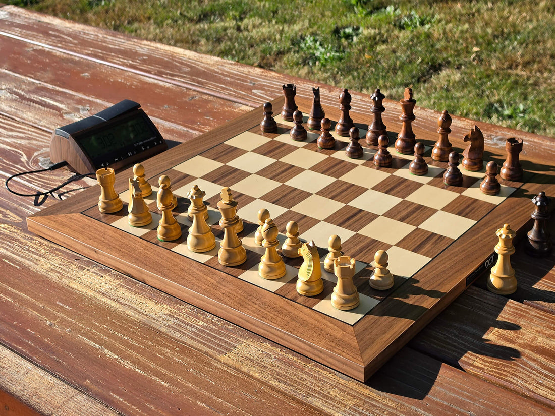DGT 3000 Limited Edition digital chess clock connected to a wooden DGT electronic chessboard set up on an outdoor picnic table.