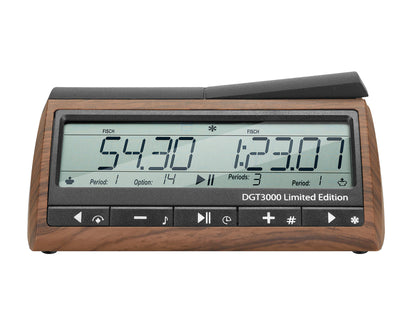 Front view of the DGT 3000 Limited Edition digital chess clock with a clear dual LCD display showing game times and a wood grain finish.