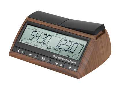 Left perspective angle of the DGT 3000 Limited Edition professional chess timer highlighting its wooden texture and profile.
