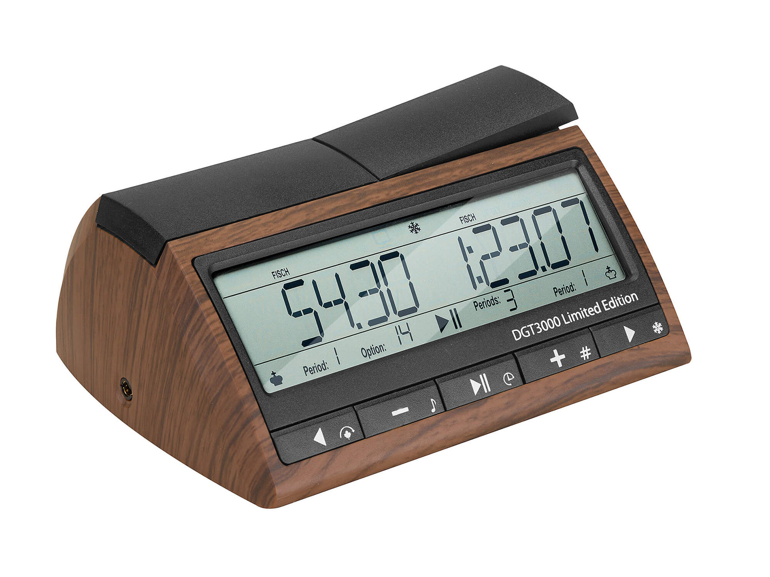 Right perspective angle of the DGT 3000 Limited Edition digital chess timer against a clean white background.