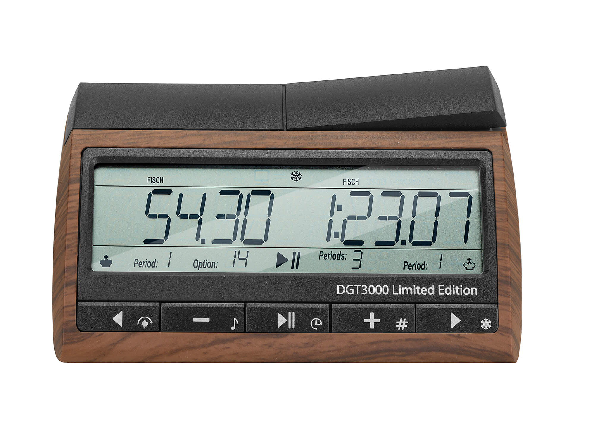 Close-up front and top view of the DGT 3000 Limited Edition chess clock displaying the large screen, control buttons, and premium wood look.