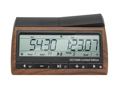 Close-up front and top view of the DGT 3000 Limited Edition chess clock displaying the large screen, control buttons, and premium wood look.