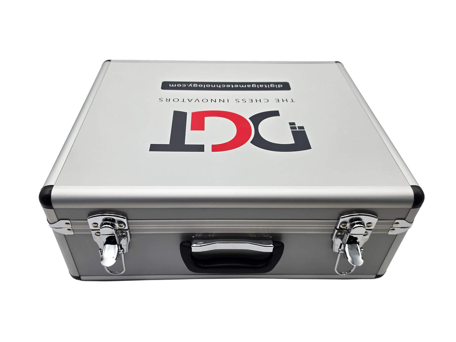 Front view of closed silver DGT aluminum carrying case for 10 chess clocks with top handles and latches.