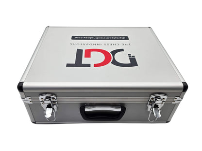 Front view of closed silver DGT aluminum carrying case for 10 chess clocks with top handles and latches.