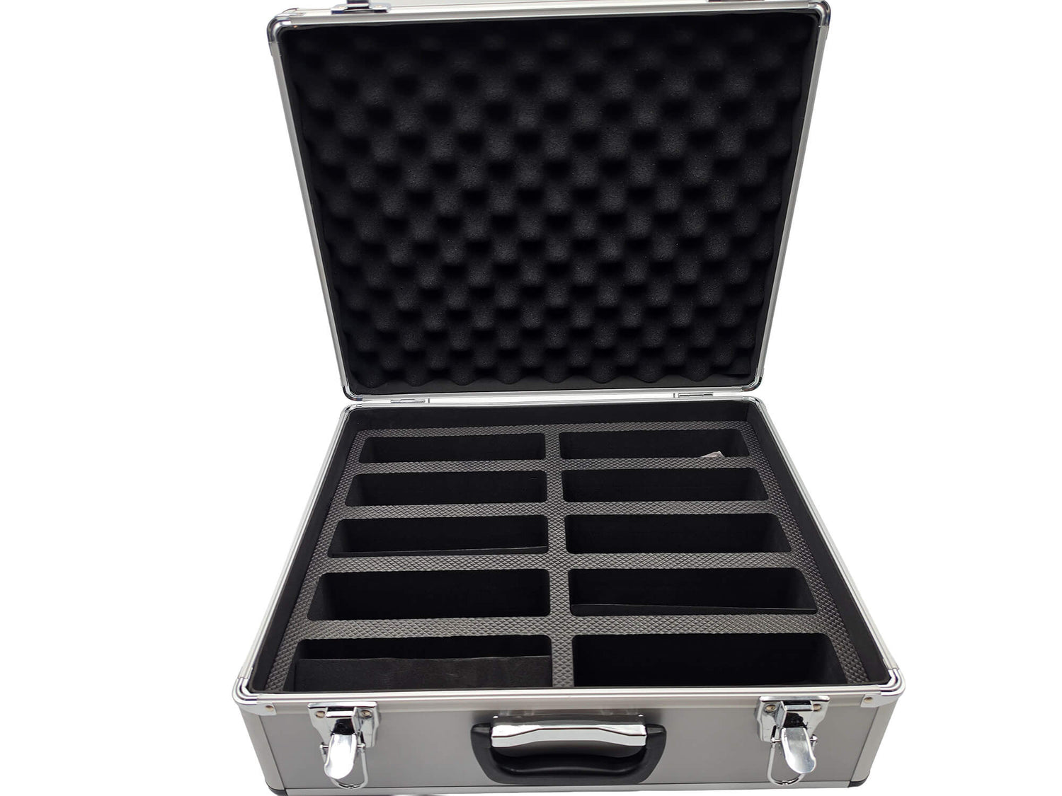 Close-up of the foam-lined interior dividers inside the open DGT 10 chess clock storage case.
