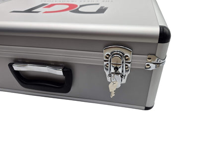 Detailed view of the heavy-duty metal latch, side handle, reinforced corner of the DGT aluminum case as well as keys.