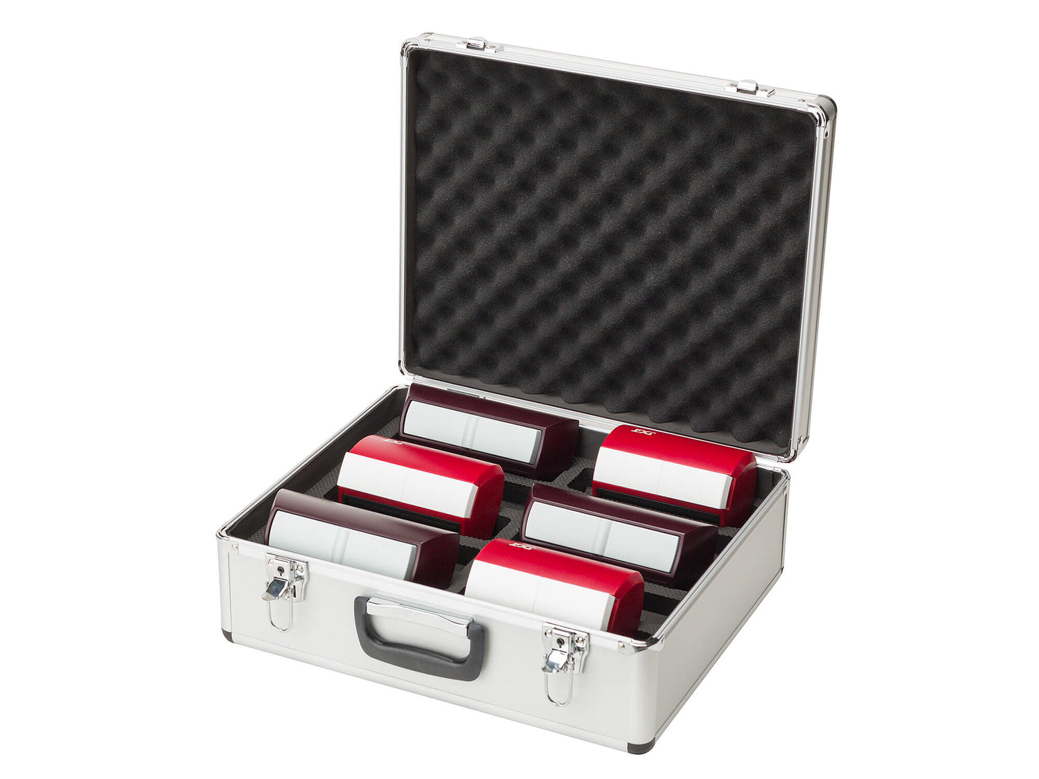 Open DGT aluminum 10 clock carrying case loaded with six digital chess clocks.